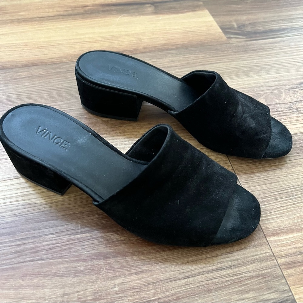 Vince Black Suede Heeled Slip On Sandals, Mules / Slides Size 7